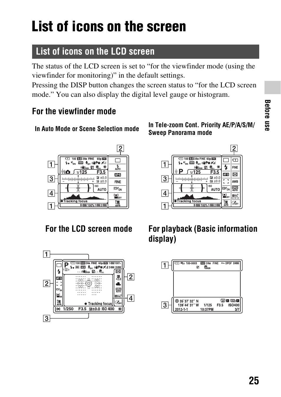 List of icons on the screen, List of icons on the lcd screen | Sony SLT-A99V User Manual | Page 25 / 100