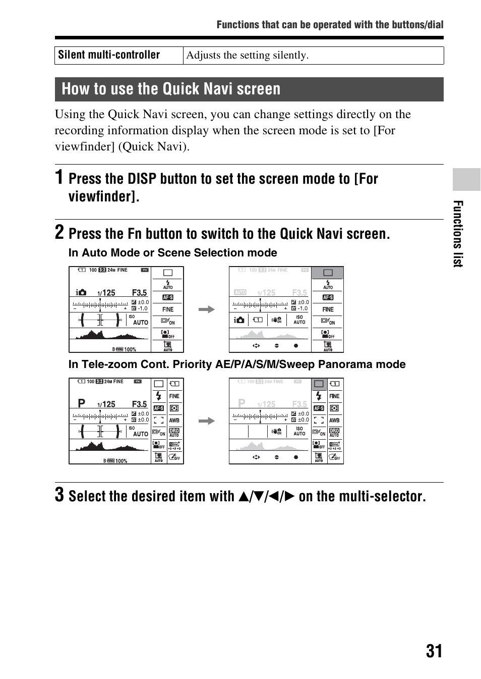 How to use the quick navi screen | Sony SLT-A99V User Manual | Page 31 / 100