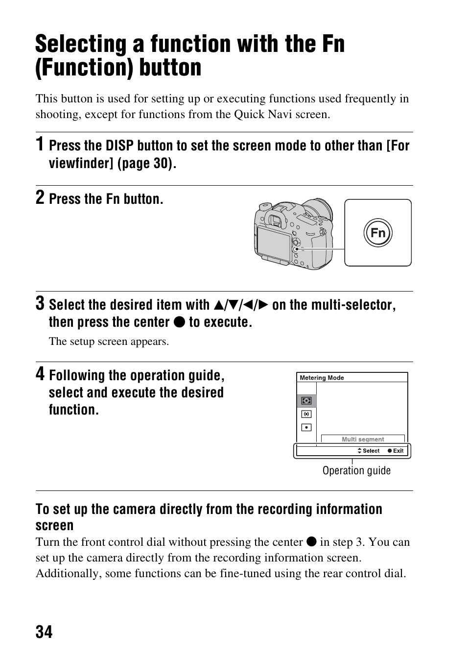 Selecting a function with the fn (function) button, N (34 | Sony SLT-A99V User Manual | Page 34 / 100