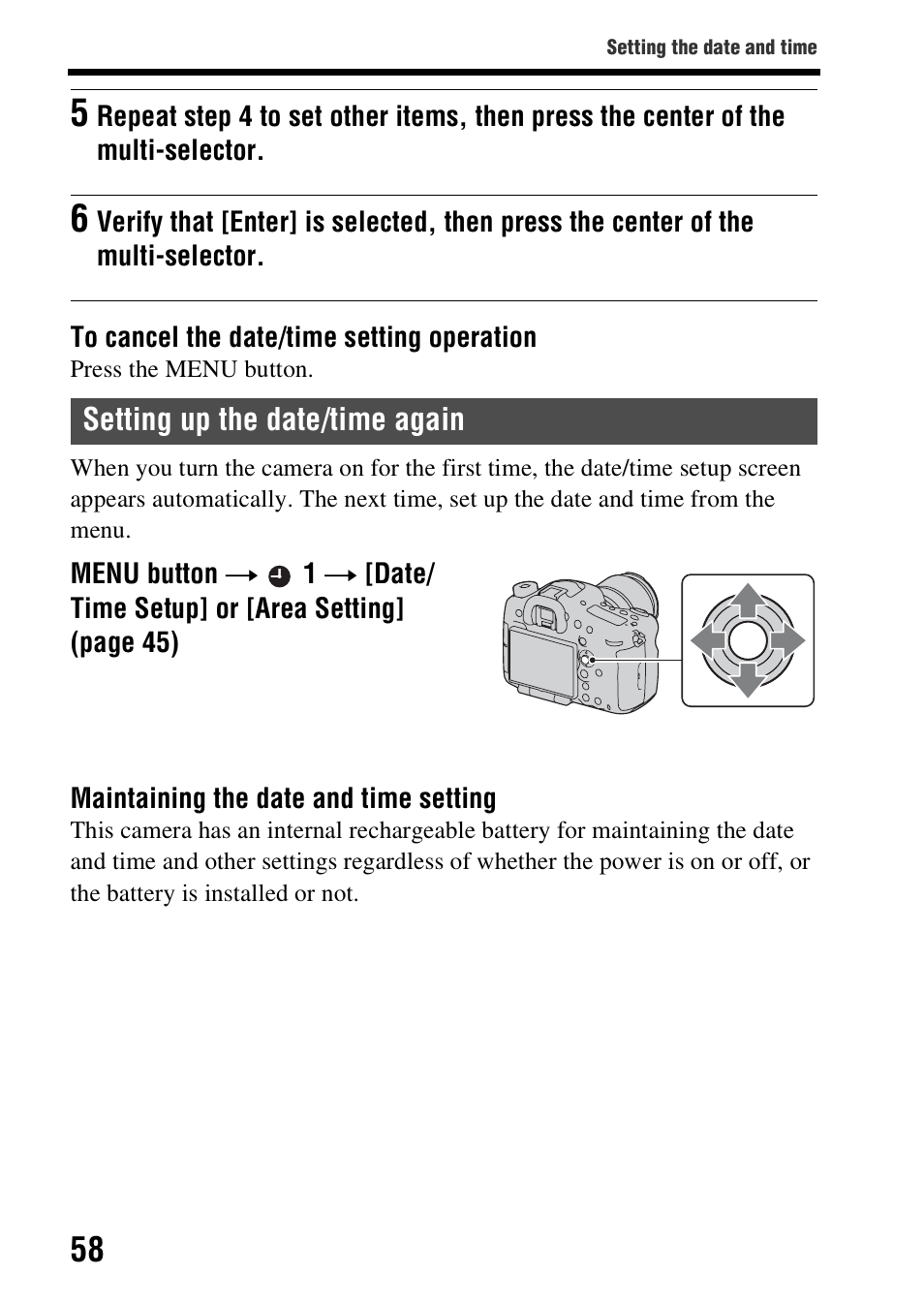 Setting up the date/time again | Sony SLT-A99V User Manual | Page 58 / 100