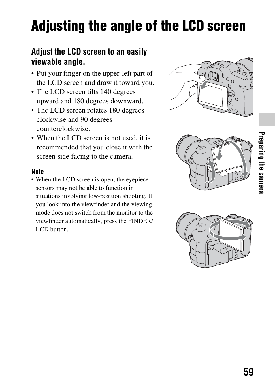 Adjusting the angle of the lcd screen | Sony SLT-A99V User Manual | Page 59 / 100