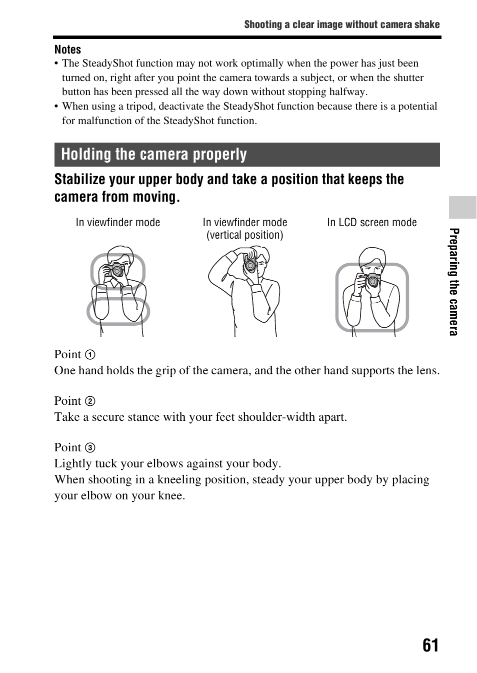 Holding the camera properly | Sony SLT-A99V User Manual | Page 61 / 100