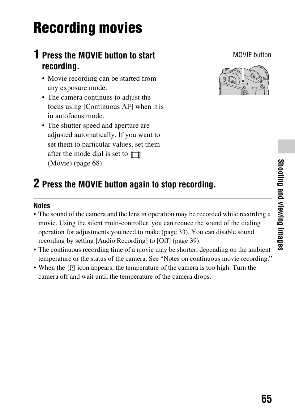 Recording movies | Sony SLT-A99V User Manual | Page 65 / 100