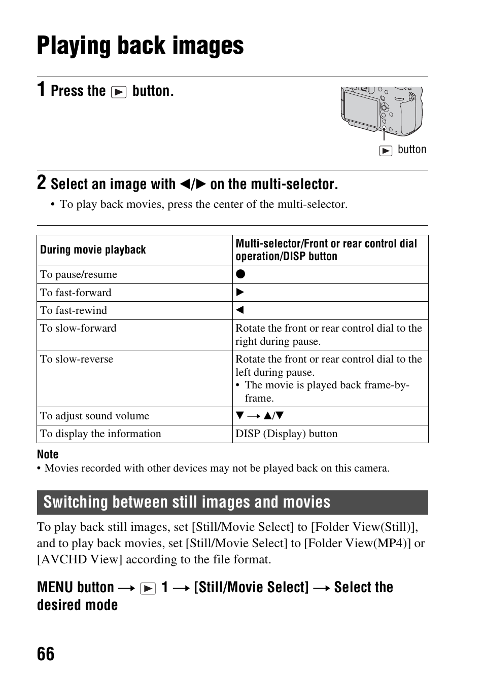Playing back images, Switching between still images and movies | Sony SLT-A99V User Manual | Page 66 / 100