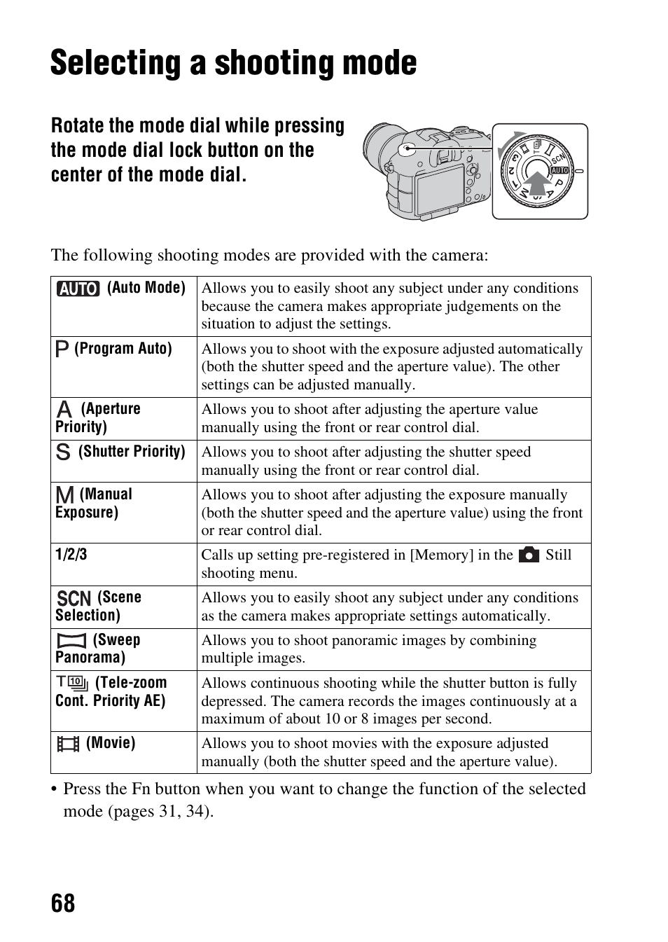 Selecting a shooting mode, D (68), Speed (68) | Sony SLT-A99V User Manual | Page 68 / 100