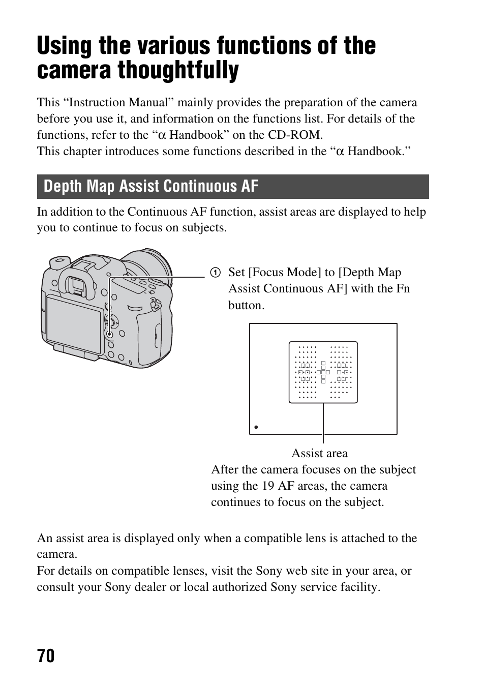 Various functions, Depth map assist continuous af | Sony SLT-A99V User Manual | Page 70 / 100