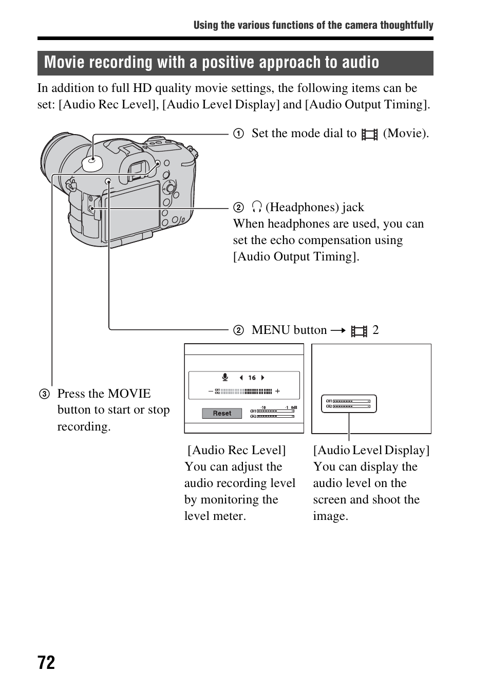Movie recording with a positive approach to audio, Udio level (72) | Sony SLT-A99V User Manual | Page 72 / 100
