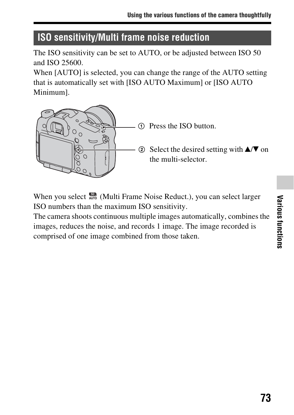 Iso sensitivity/multi frame noise reduction, 73)/m | Sony SLT-A99V User Manual | Page 73 / 100