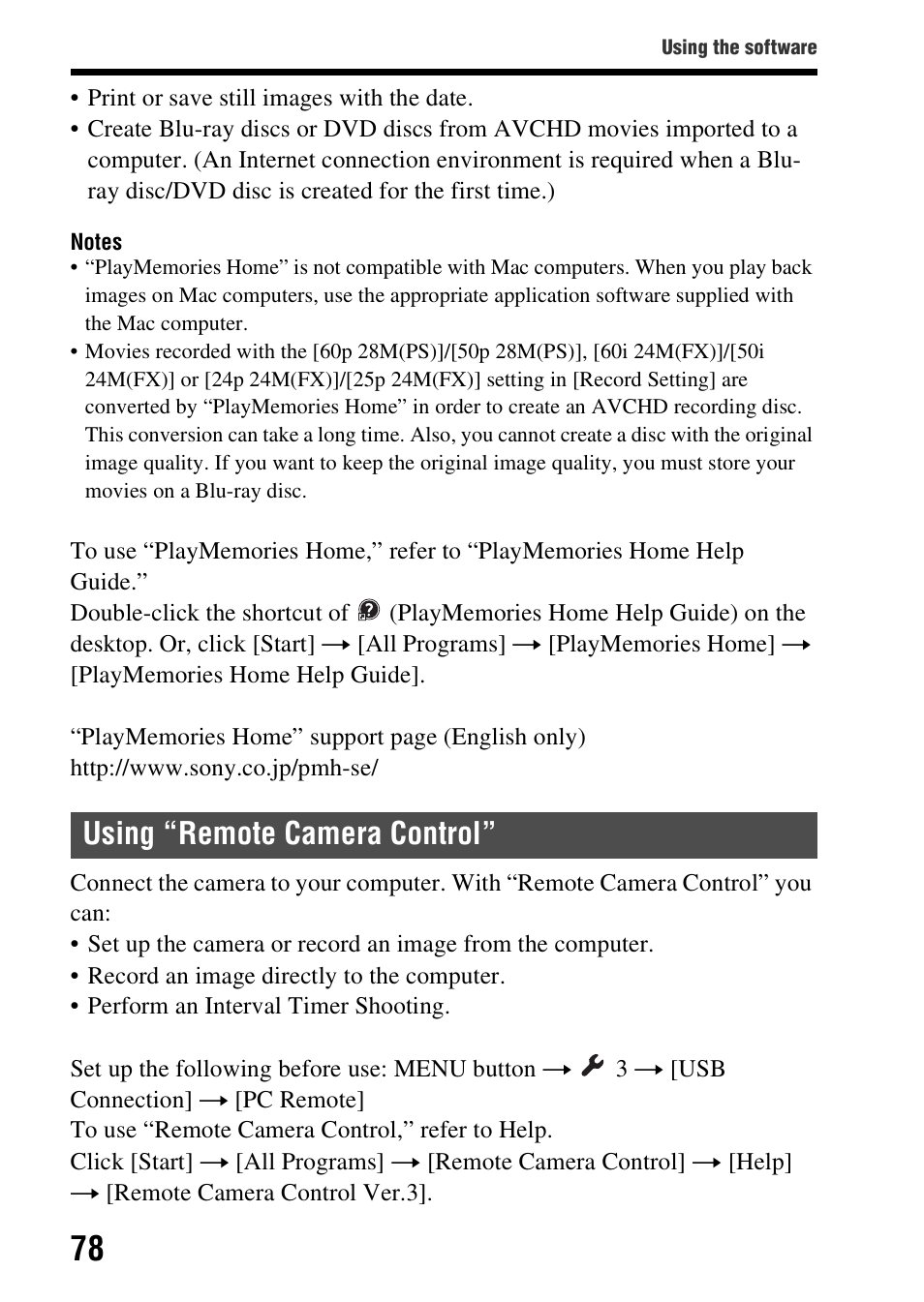 Using “remote camera control | Sony SLT-A99V User Manual | Page 78 / 100