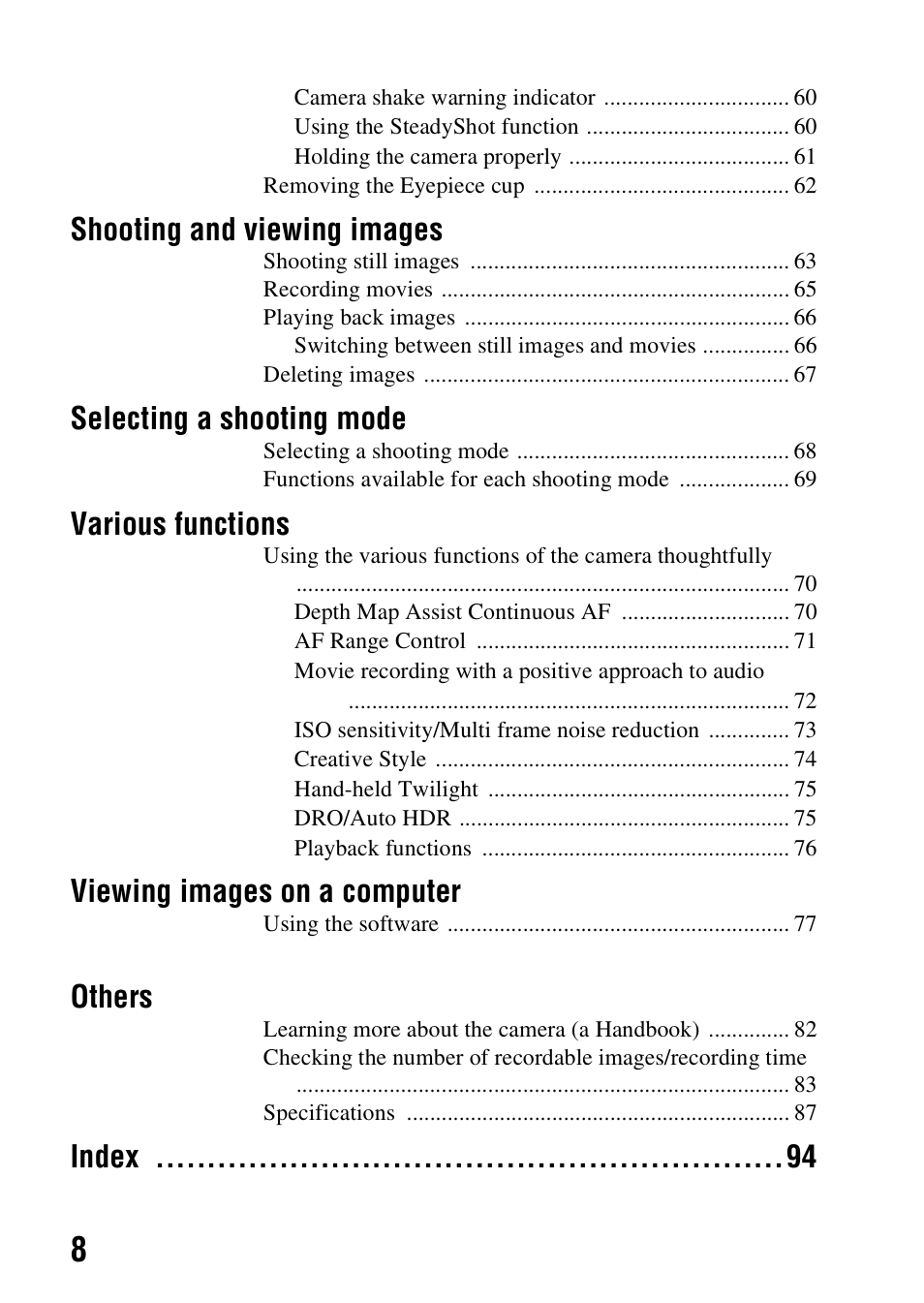 Shooting and viewing images, Selecting a shooting mode, Various functions | Viewing images on a computer, Others, Index | Sony SLT-A99V User Manual | Page 8 / 100