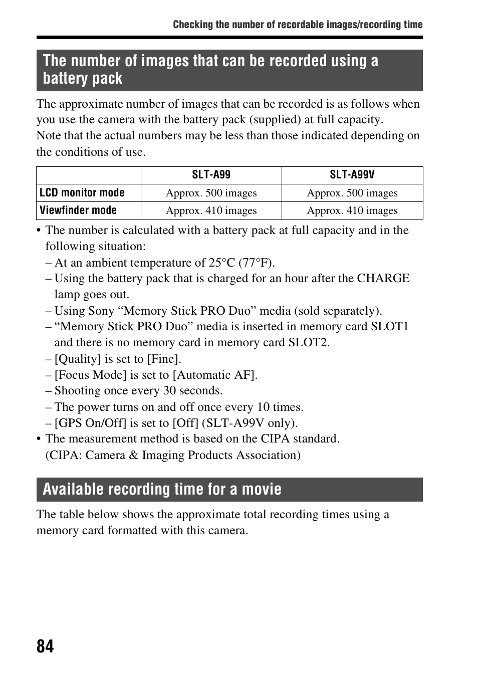 Available recording time for a movie | Sony SLT-A99V User Manual | Page 84 / 100