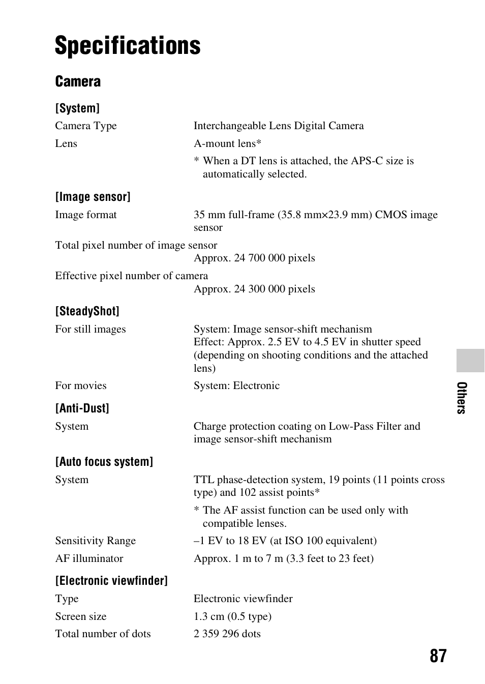 Specifications, Camera | Sony SLT-A99V User Manual | Page 87 / 100