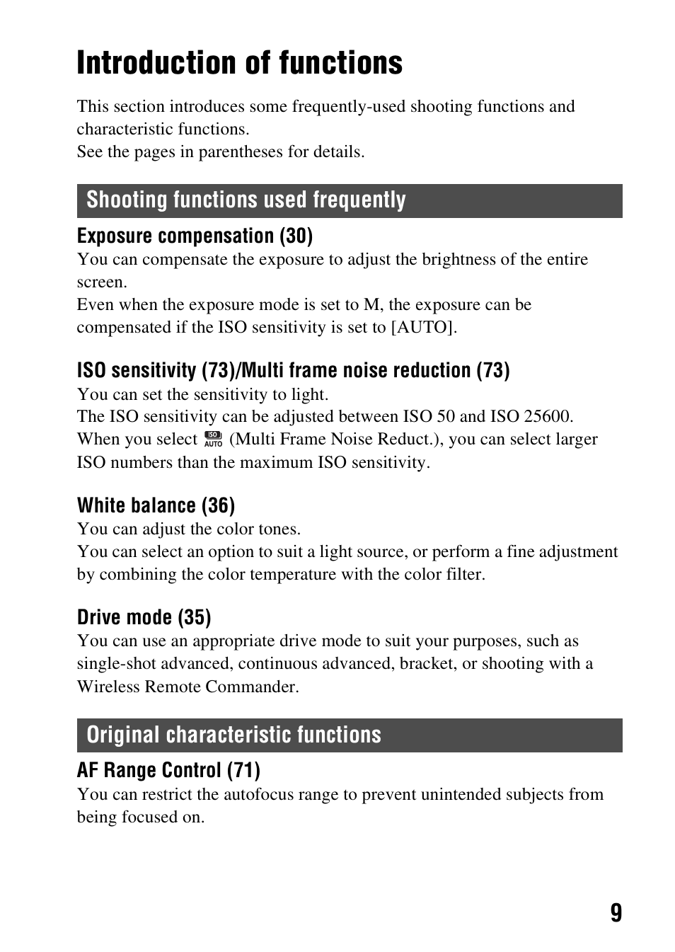 Introduction of functions | Sony SLT-A99V User Manual | Page 9 / 100