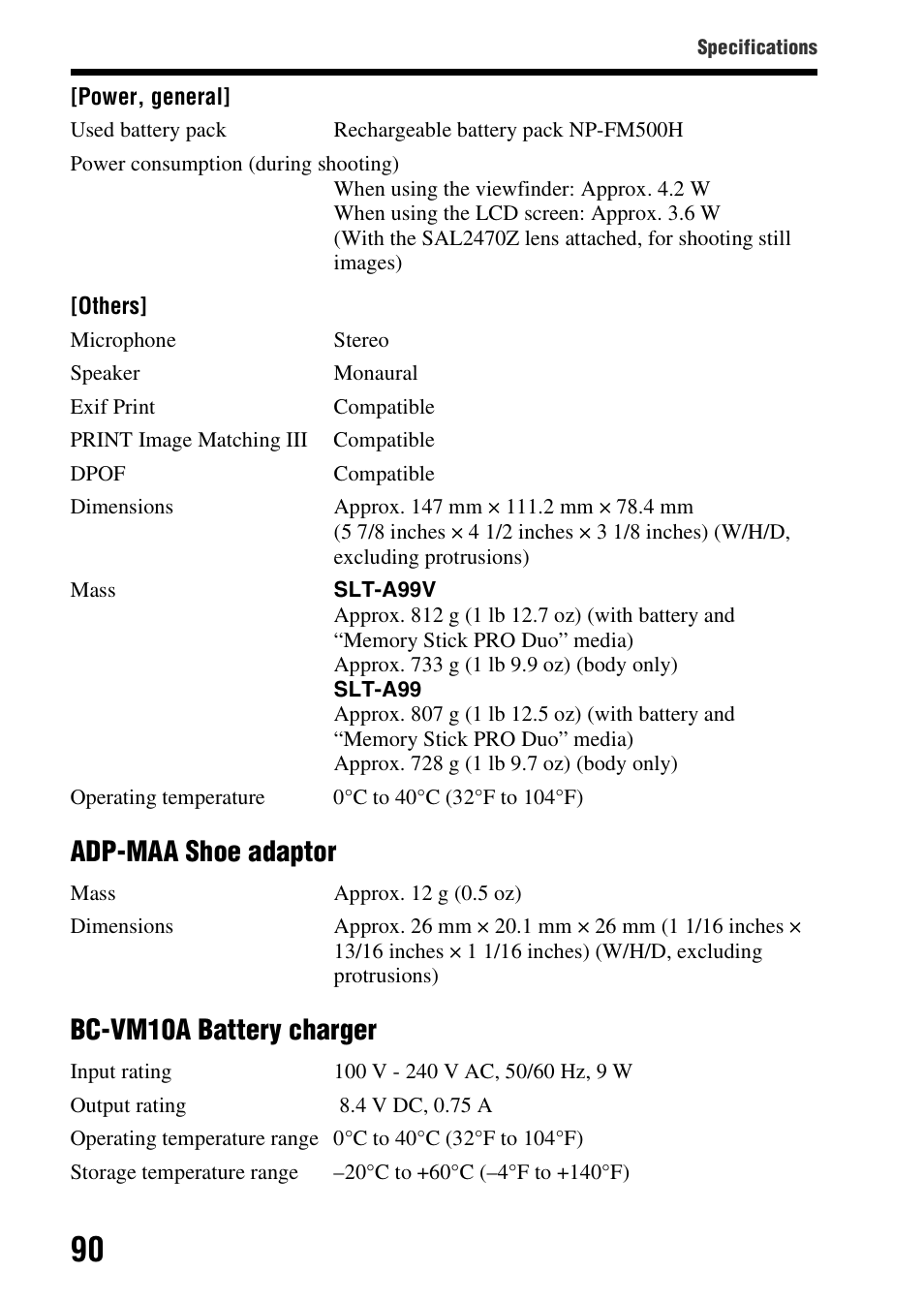 Adp-maa shoe adaptor, Bc-vm10a battery charger | Sony SLT-A99V User Manual | Page 90 / 100