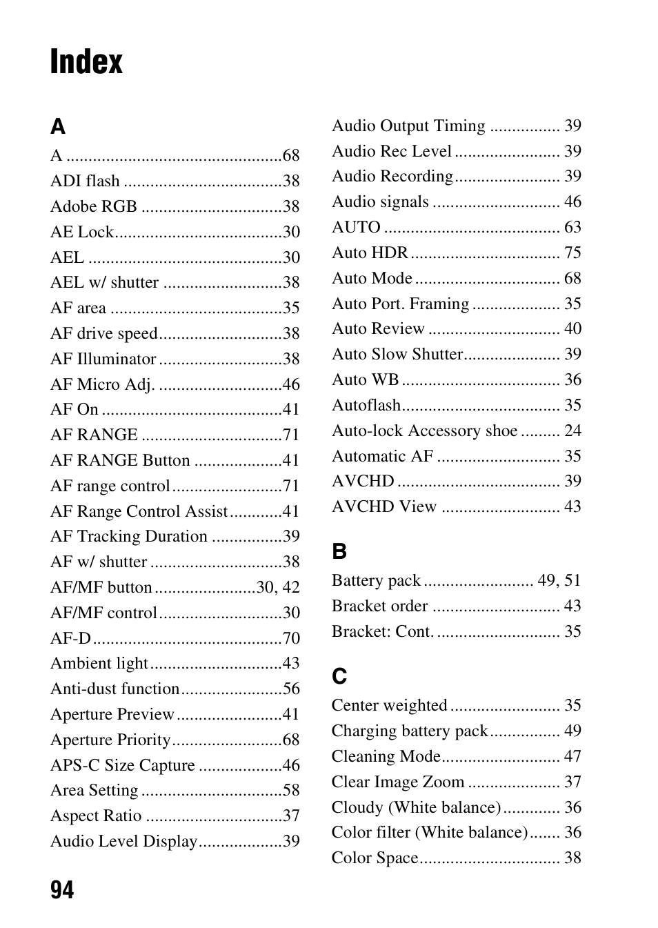 Index | Sony SLT-A99V User Manual | Page 94 / 100