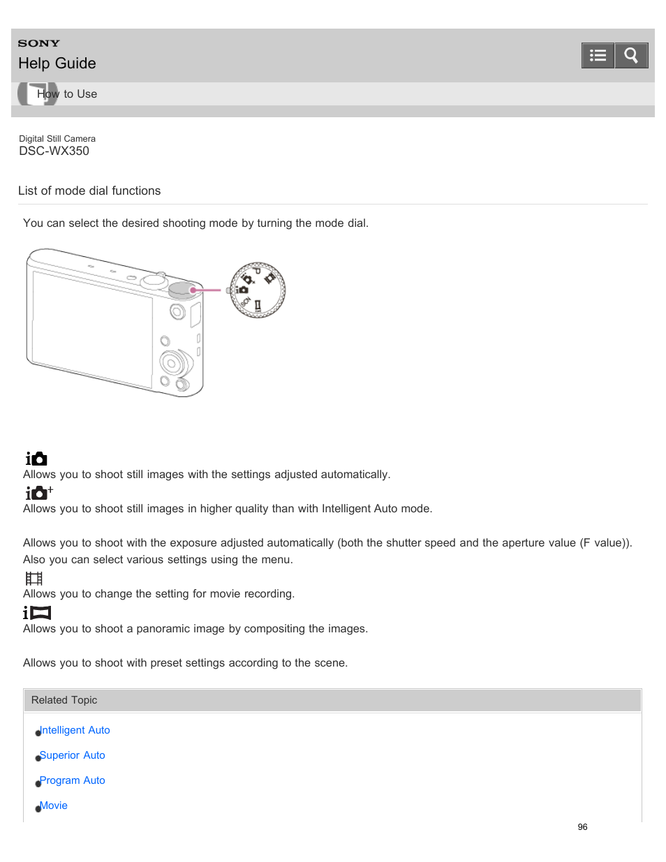 List of mode dial functions, Help guide | Sony DSC-WX350 User Manual | Page 100 / 319