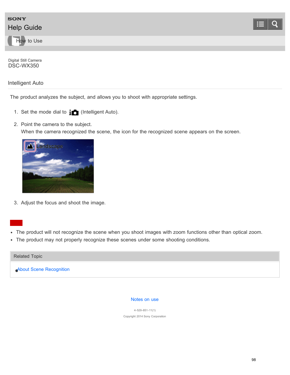 Intelligent auto, Help guide | Sony DSC-WX350 User Manual | Page 102 / 319