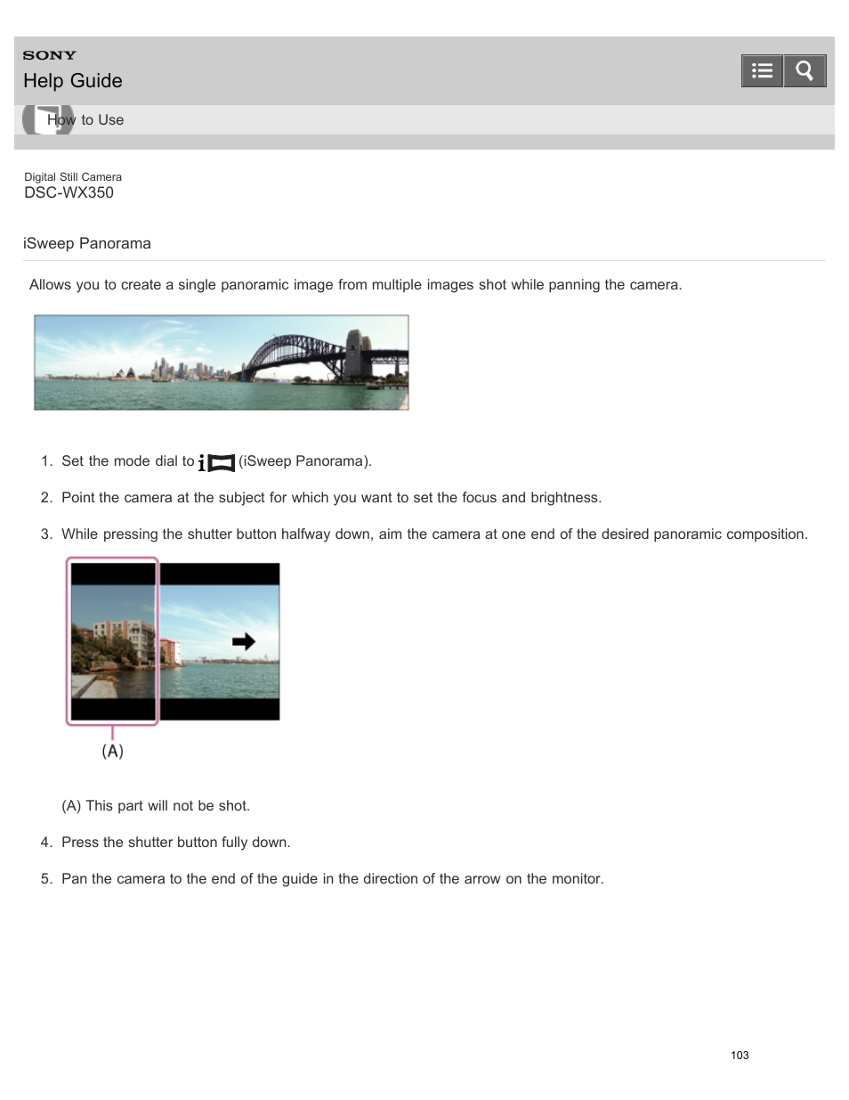 Isweep panorama, Help guide | Sony DSC-WX350 User Manual | Page 107 / 319
