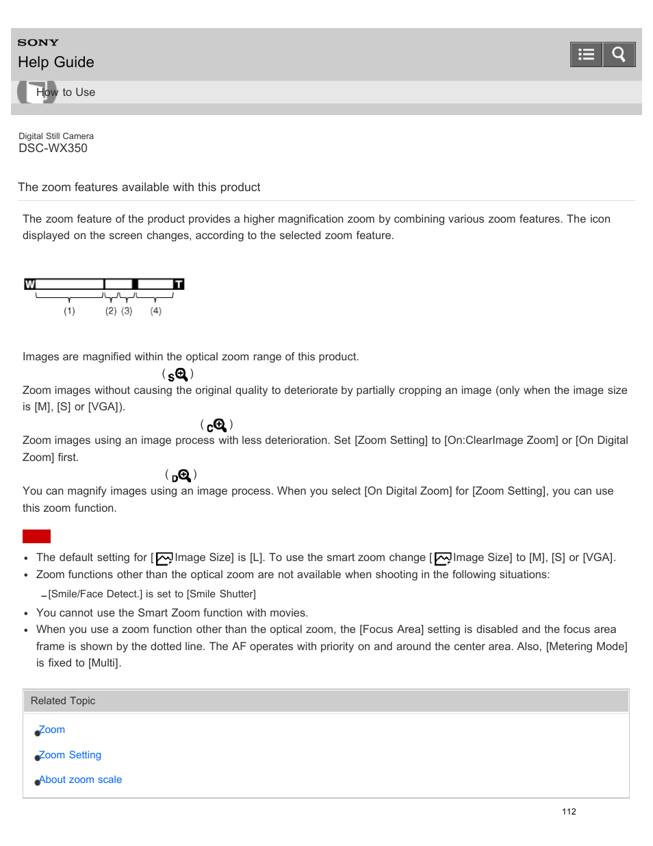 The zoom features available with this product, Help guide | Sony DSC-WX350 User Manual | Page 116 / 319