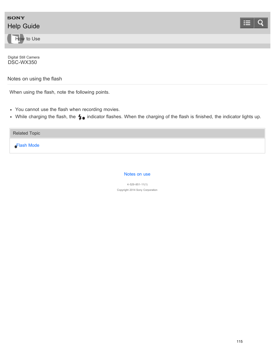 Notes on using the flash, Help guide | Sony DSC-WX350 User Manual | Page 119 / 319