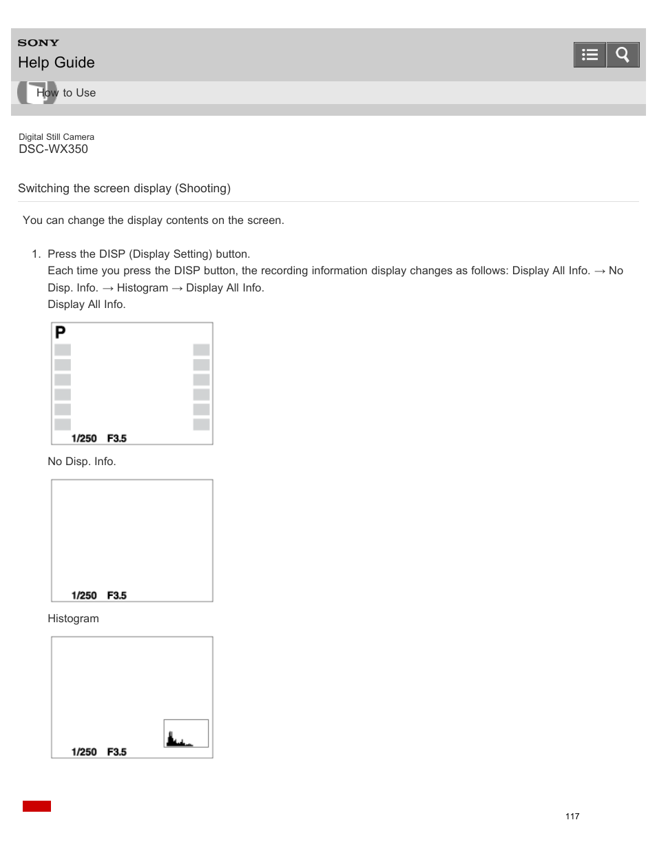 Switching the screen display (shooting), Help guide | Sony DSC-WX350 User Manual | Page 121 / 319