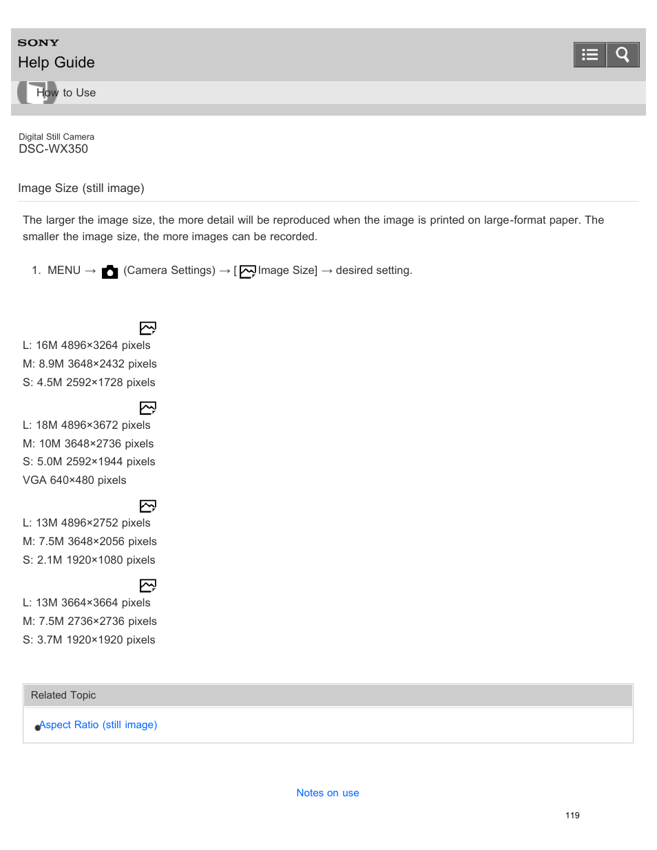 Image size (still image), Help guide | Sony DSC-WX350 User Manual | Page 123 / 319