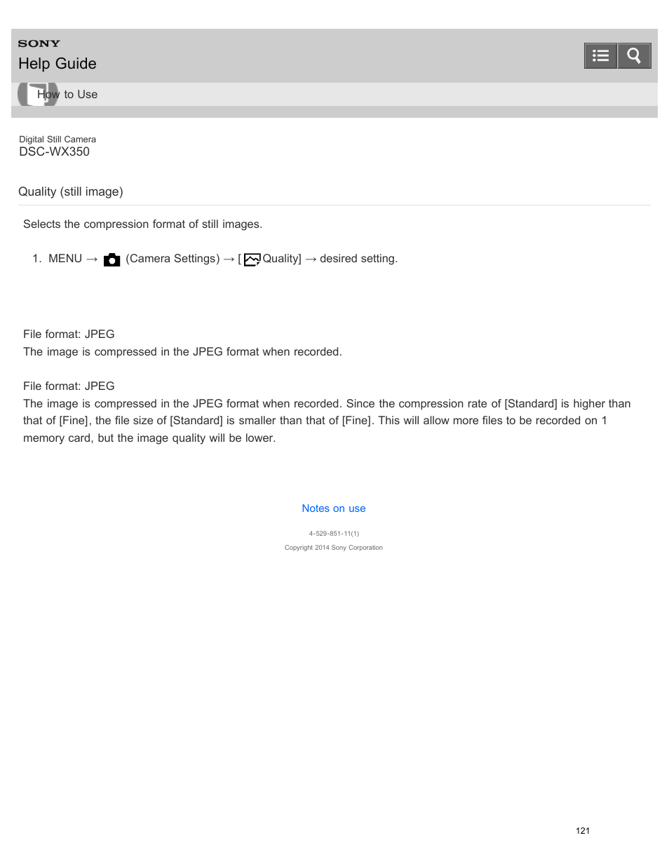 Quality (still image), Selects the compression format of still images, Help guide | Sony DSC-WX350 User Manual | Page 125 / 319