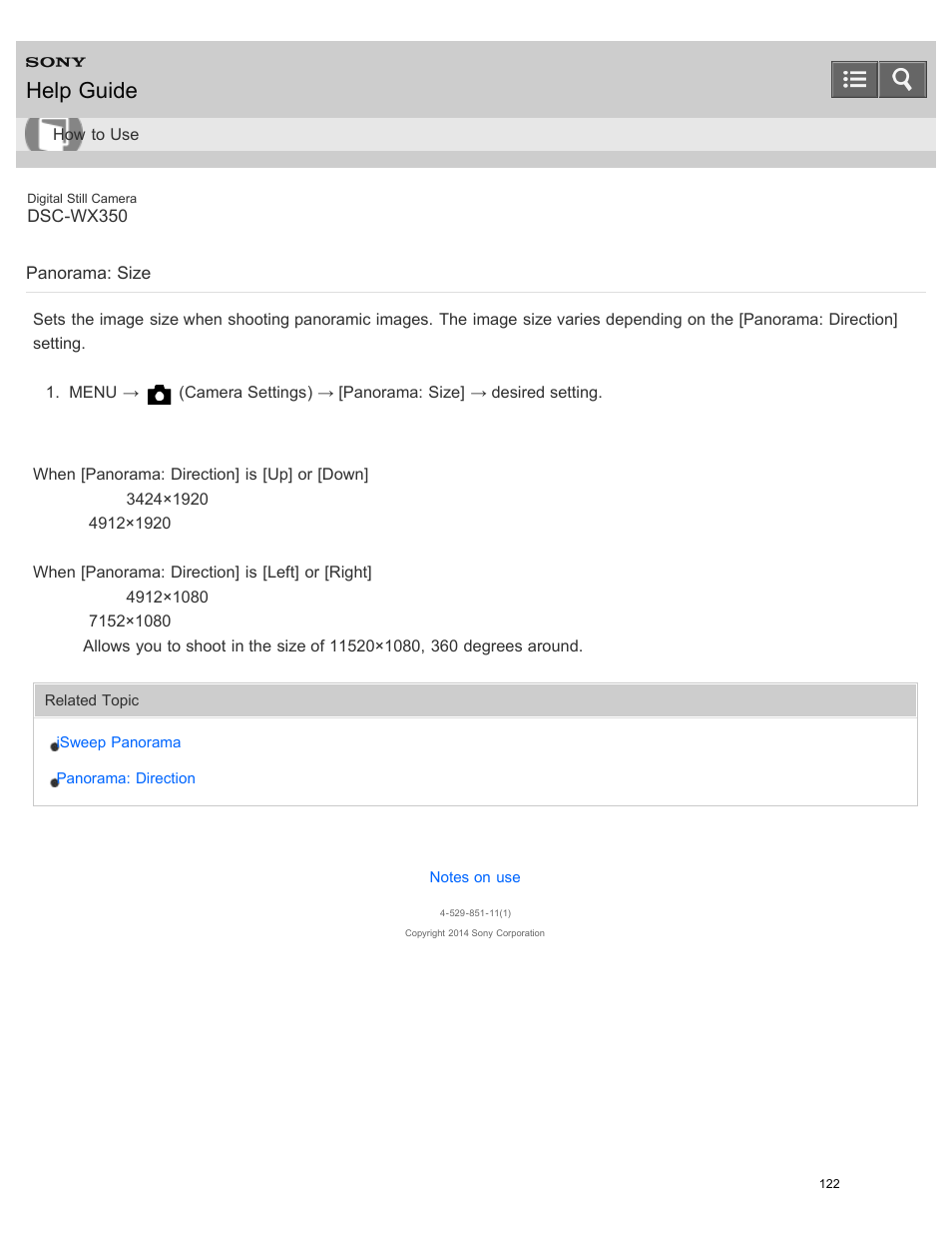 Panorama: size, Sets the image size when shooting panoramic images, Help guide | Sony DSC-WX350 User Manual | Page 126 / 319