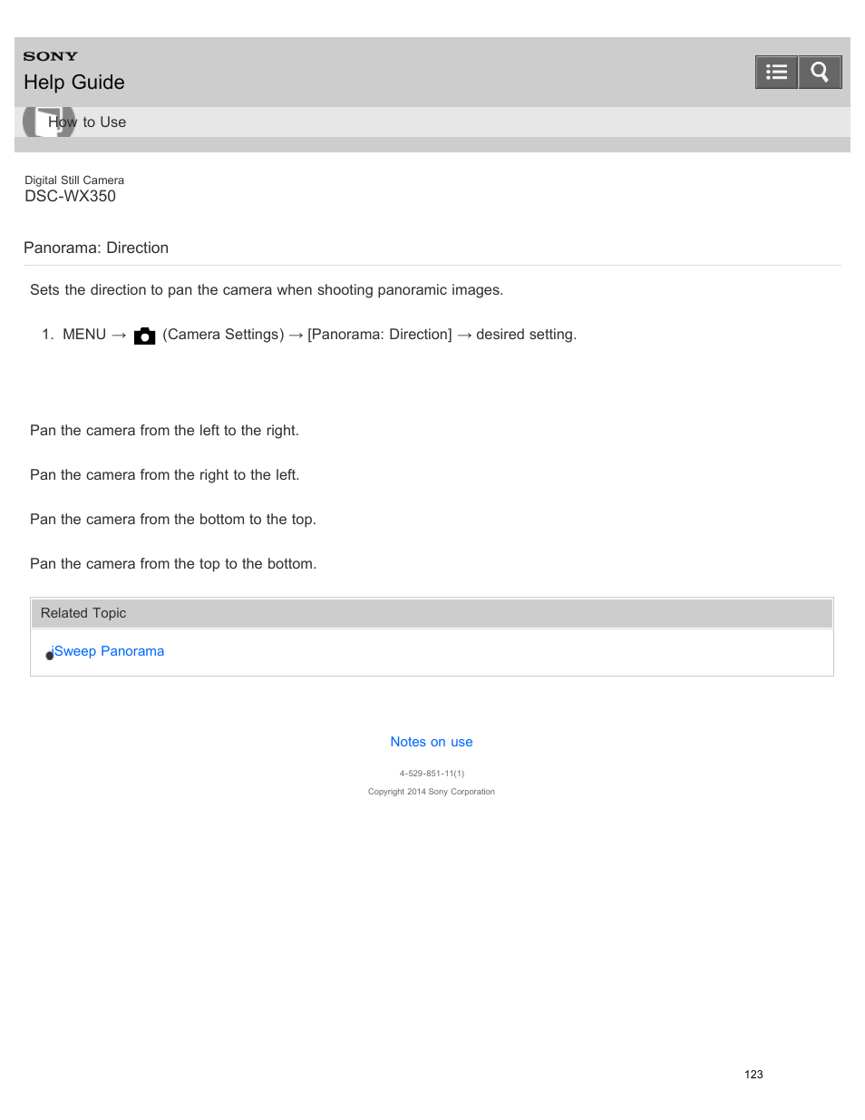 Panorama: direction, Help guide | Sony DSC-WX350 User Manual | Page 127 / 319