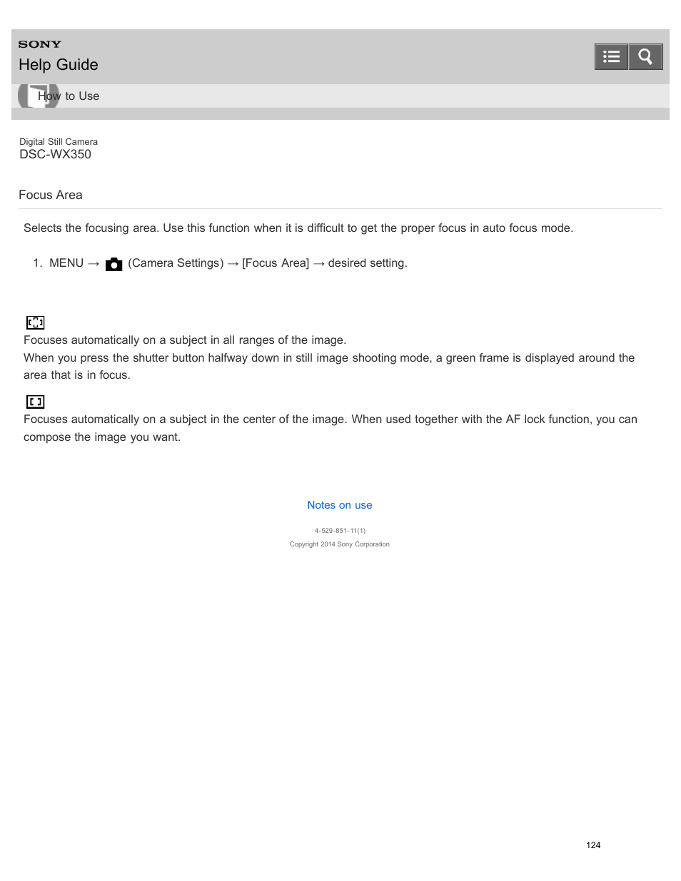 Focus area, Help guide | Sony DSC-WX350 User Manual | Page 128 / 319