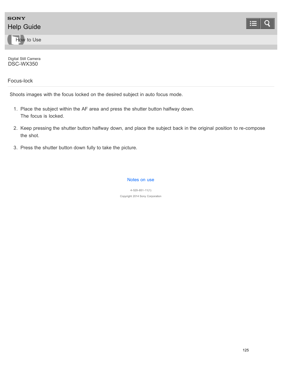 Focus-lock, Help guide | Sony DSC-WX350 User Manual | Page 129 / 319