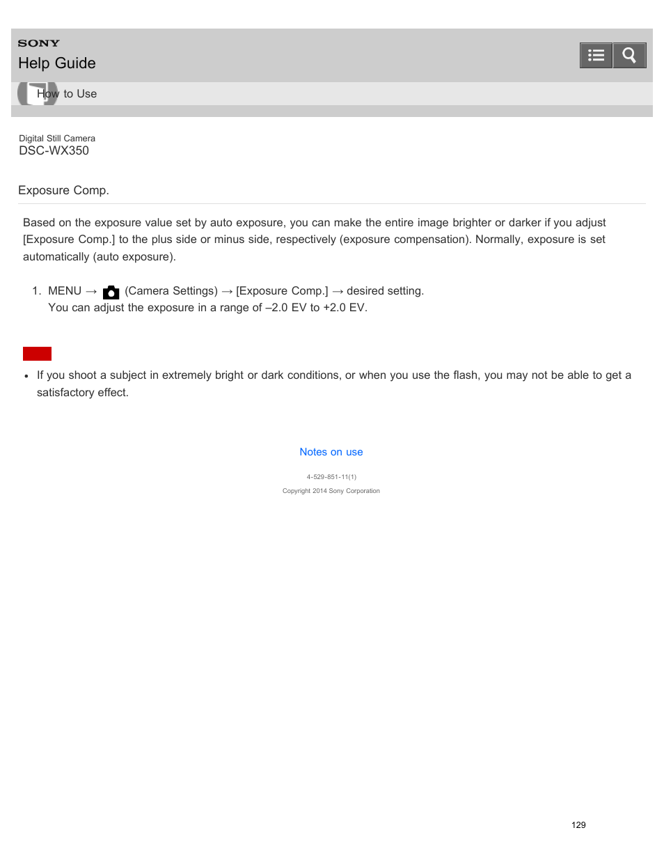 Exposure comp, Help guide | Sony DSC-WX350 User Manual | Page 133 / 319