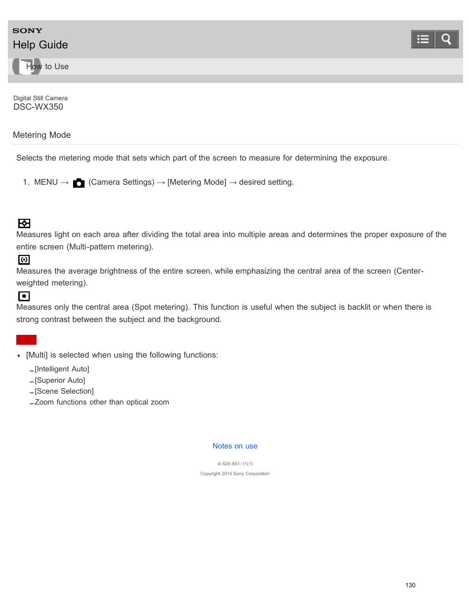 Metering mode, Help guide | Sony DSC-WX350 User Manual | Page 134 / 319