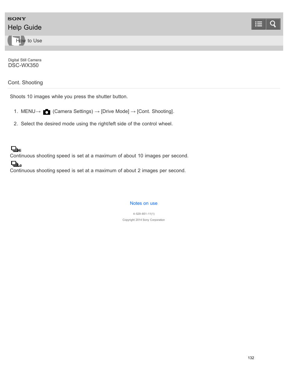 Cont. shooting, Help guide | Sony DSC-WX350 User Manual | Page 136 / 319