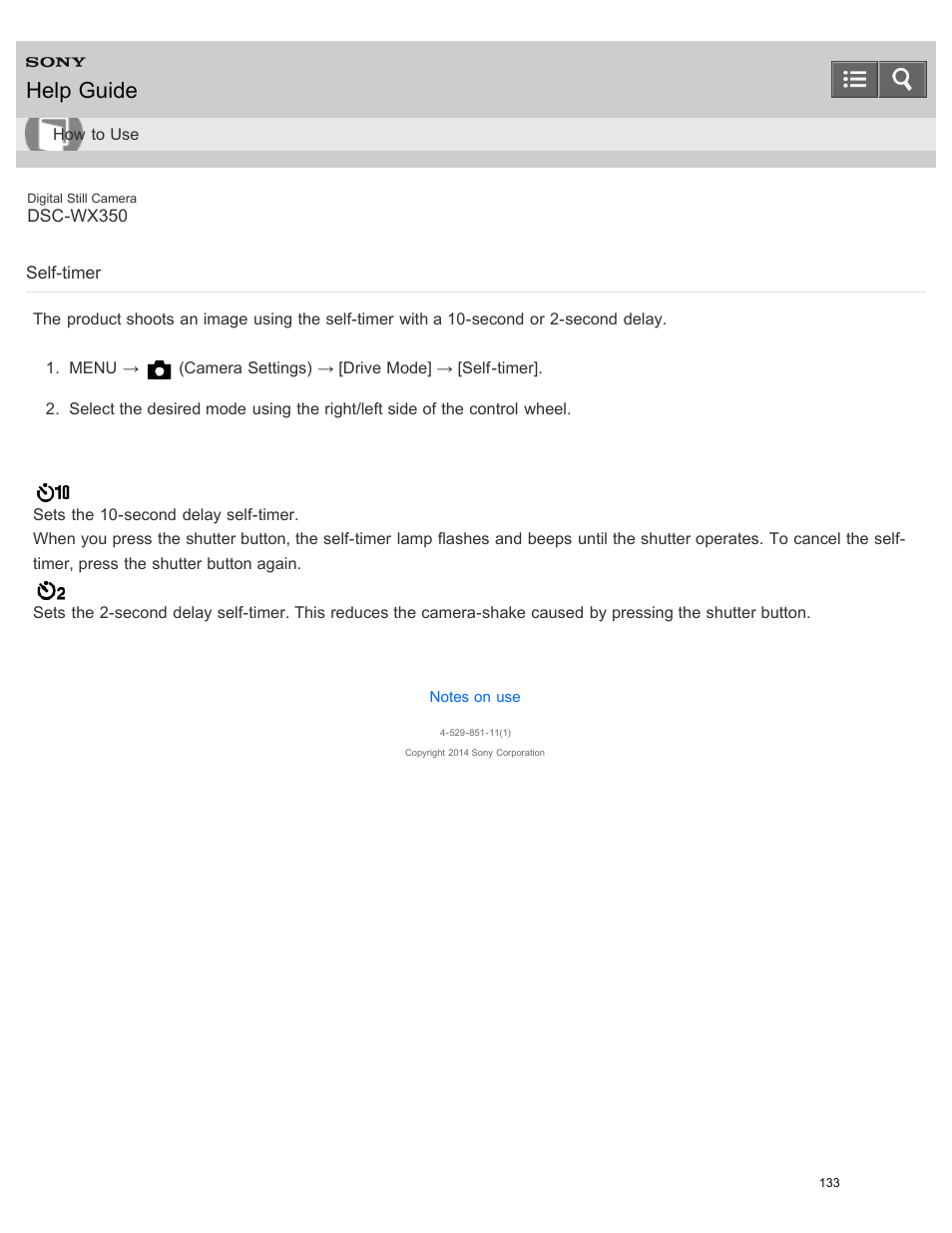 Self-timer, Help guide | Sony DSC-WX350 User Manual | Page 137 / 319