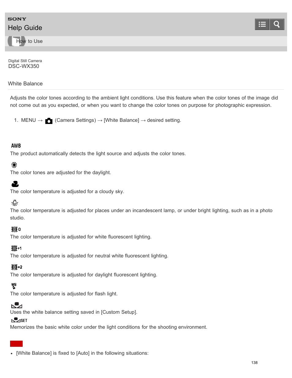 White balance, Help guide | Sony DSC-WX350 User Manual | Page 142 / 319