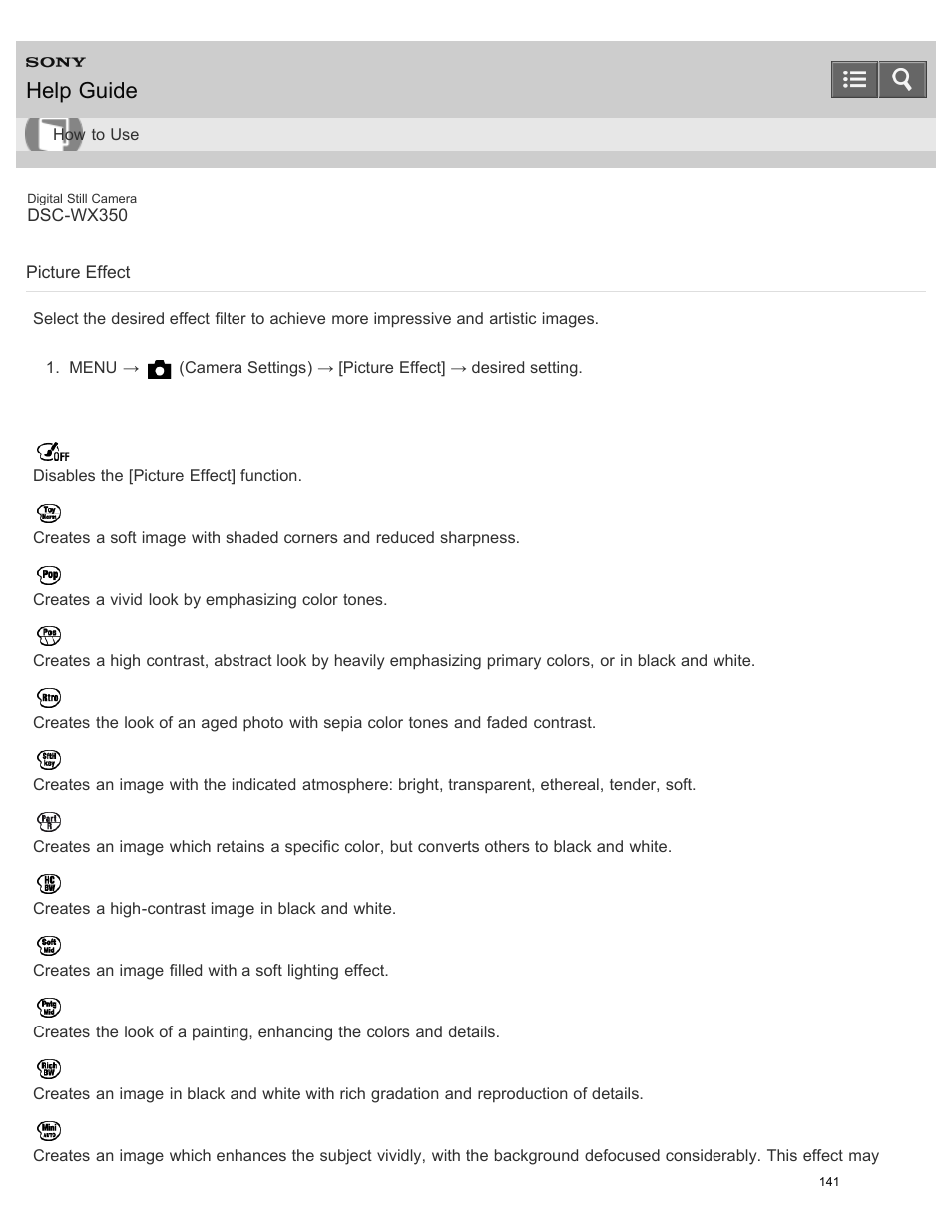 Picture effect, Help guide | Sony DSC-WX350 User Manual | Page 145 / 319