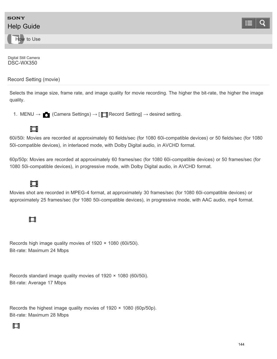 Record setting (movie), Help guide | Sony DSC-WX350 User Manual | Page 148 / 319