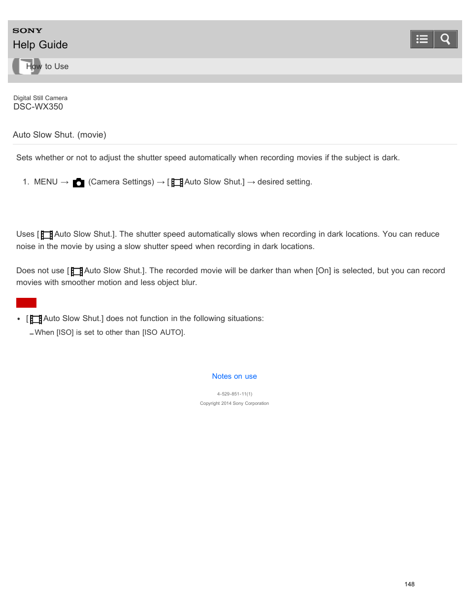 Auto slow shut. (movie), Help guide | Sony DSC-WX350 User Manual | Page 152 / 319