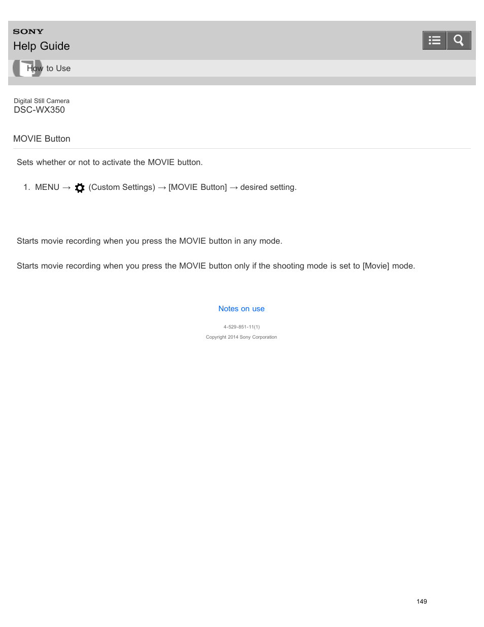 Movie button, Sets whether or not to activate the movie button, Help guide | Sony DSC-WX350 User Manual | Page 153 / 319