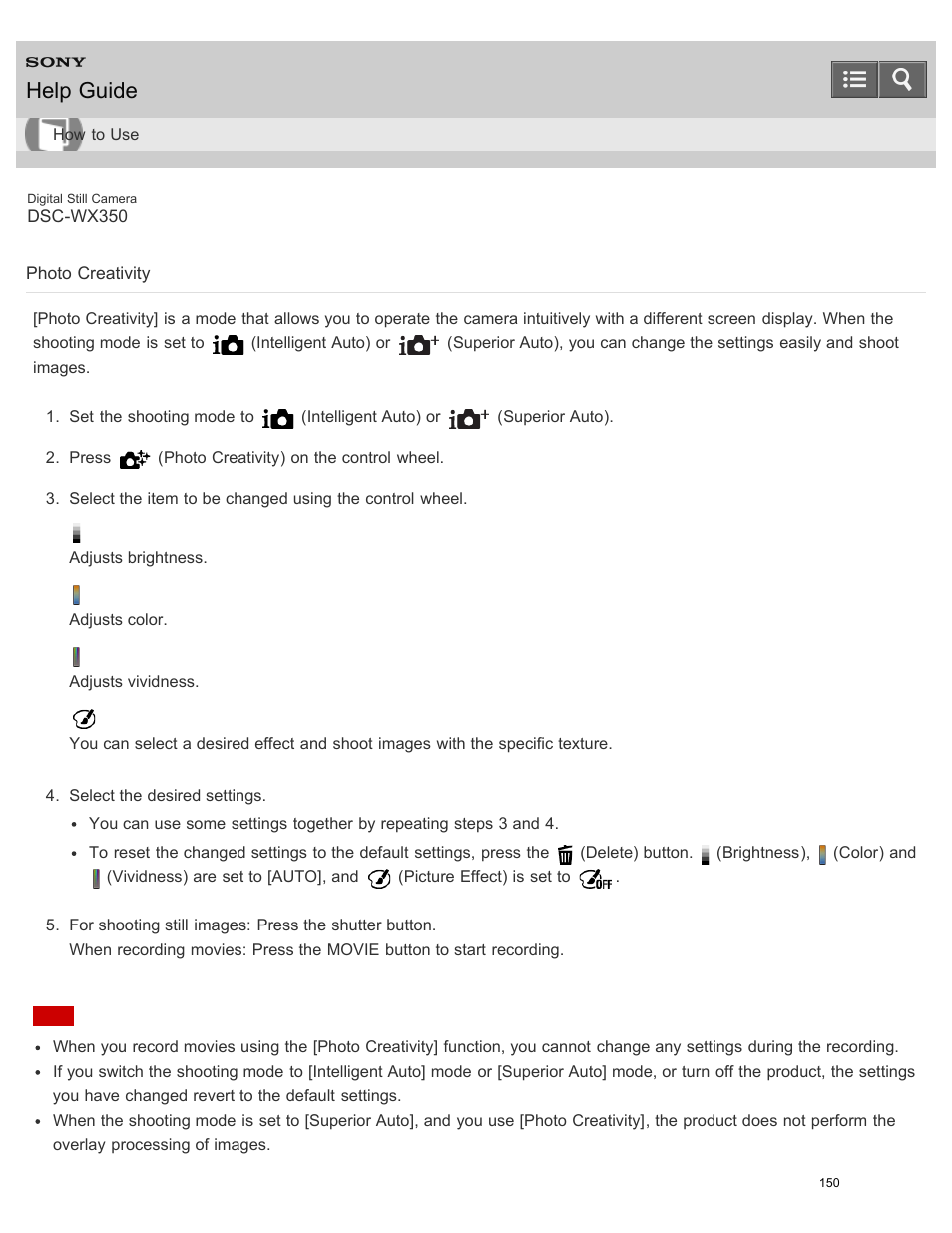 Photo creativity, Help guide | Sony DSC-WX350 User Manual | Page 154 / 319