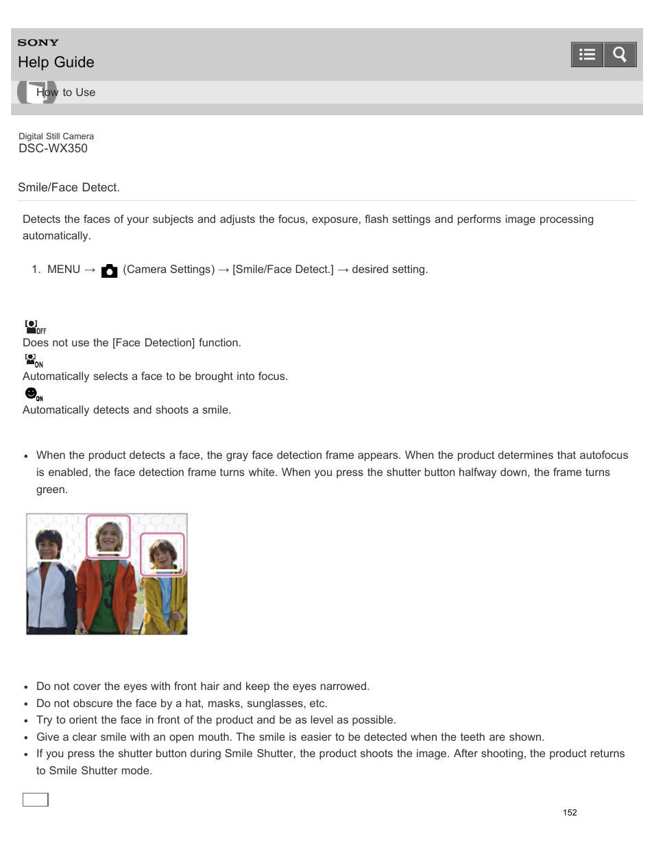 Smile/face detect, Help guide | Sony DSC-WX350 User Manual | Page 156 / 319