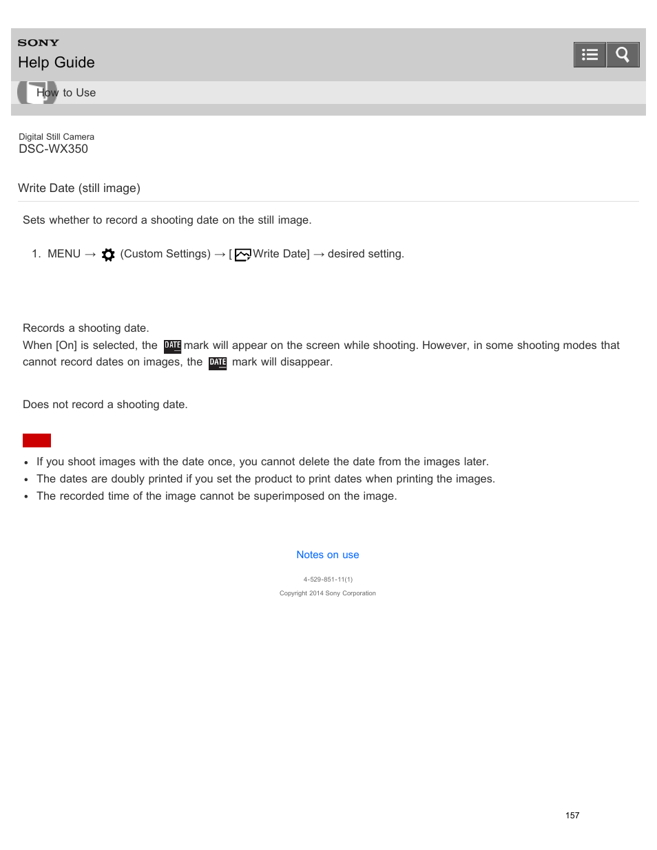 Write date (still image), Help guide | Sony DSC-WX350 User Manual | Page 161 / 319