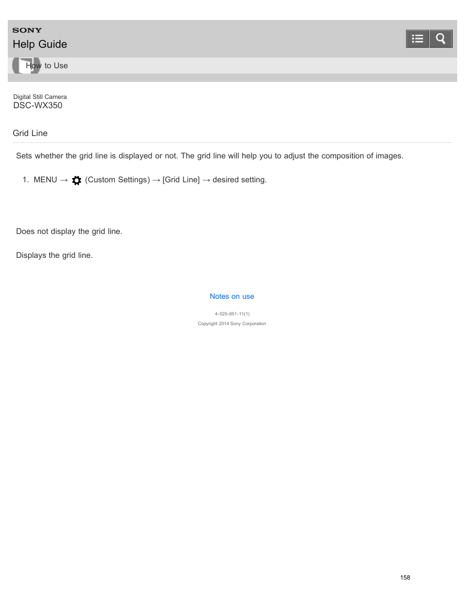 Grid line, Help guide | Sony DSC-WX350 User Manual | Page 162 / 319