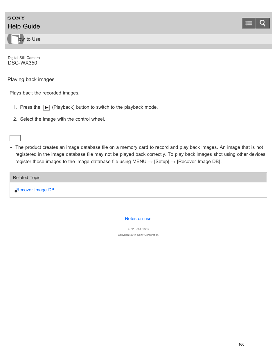 Playing back images, Plays back the recorded images, Help guide | Sony DSC-WX350 User Manual | Page 164 / 319