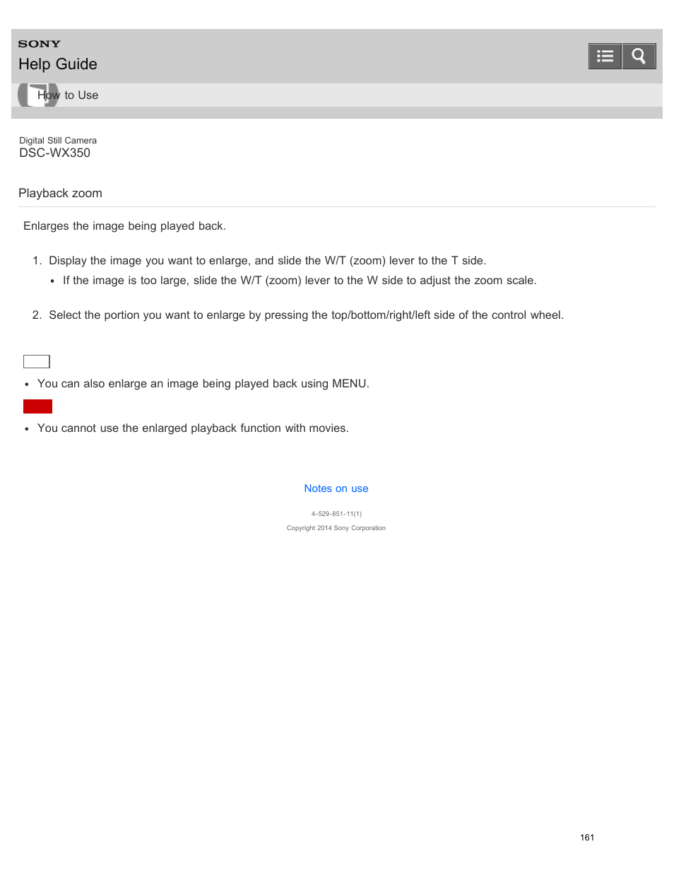 Playback zoom, Enlarges the image being played back, Help guide | Sony DSC-WX350 User Manual | Page 165 / 319