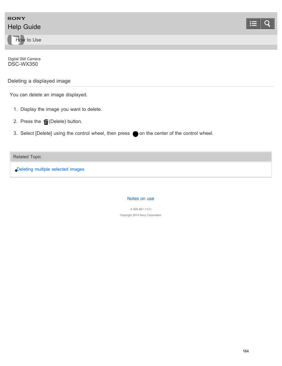 Deleting a displayed image, You can delete an image displayed, Help guide | Sony DSC-WX350 User Manual | Page 168 / 319