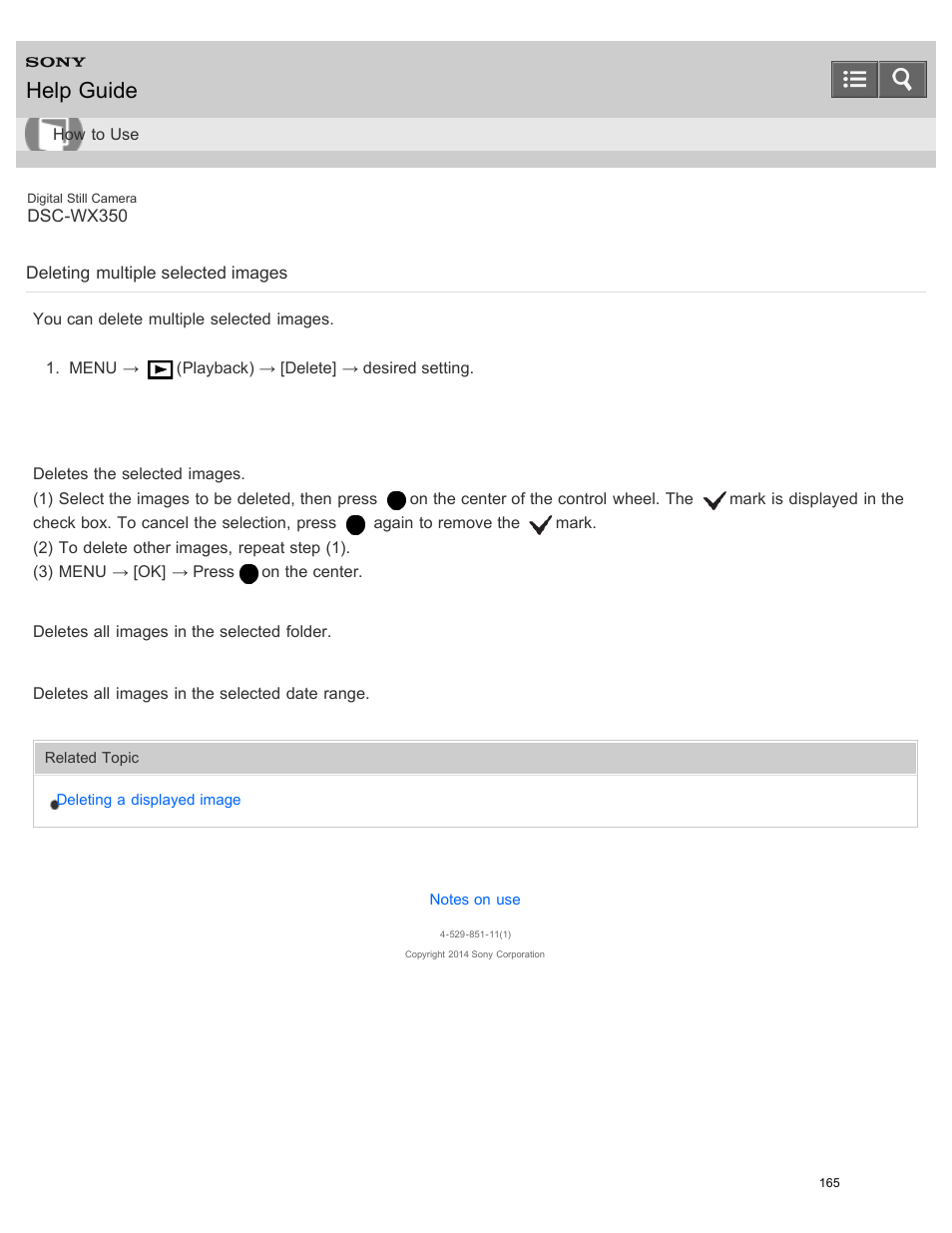 Deleting multiple selected images, You can delete multiple selected images, Help guide | Sony DSC-WX350 User Manual | Page 169 / 319