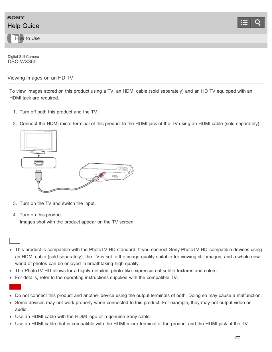 Viewing images on an hd tv, Help guide | Sony DSC-WX350 User Manual | Page 181 / 319