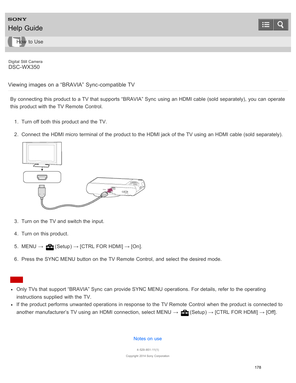 Viewing images on a “bravia” sync-compatible tv, Help guide | Sony DSC-WX350 User Manual | Page 182 / 319
